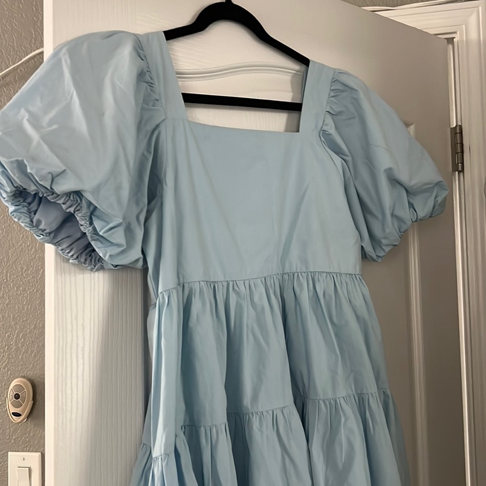 Oak & fort baby blue mini cotton dress with bell sleeves in size large